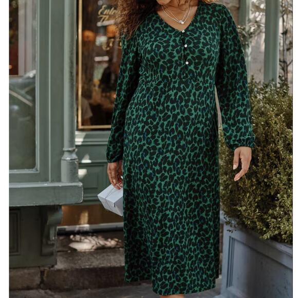 New J.Jill $129 LP Green Leopard Print Lightweight Ponte Knit Button Front Dress - Picture 1 of 10
